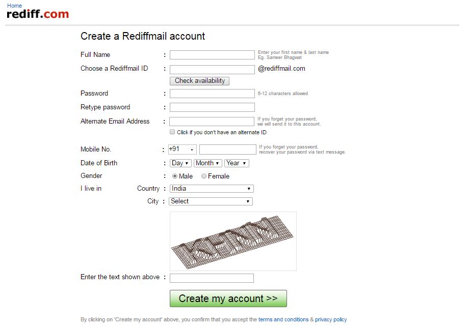 rediffmail.com first register page