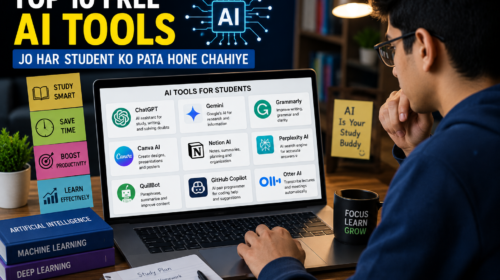 Laptop par AI tools ka use karta hua student, screen par ChatGPT, Gemini aur study-related AI applications dikh rahe hain