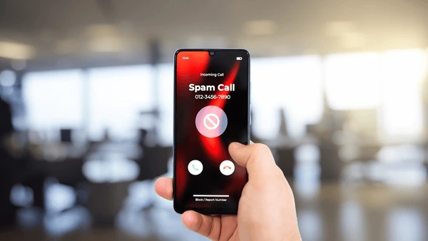 Smartphone blocking spam calls and showing fraud call warning screen