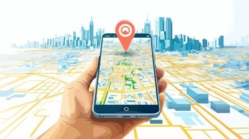 Smartphone showing map and mobile location tracking concept
