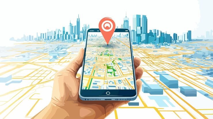 Smartphone showing map and mobile location tracking concept