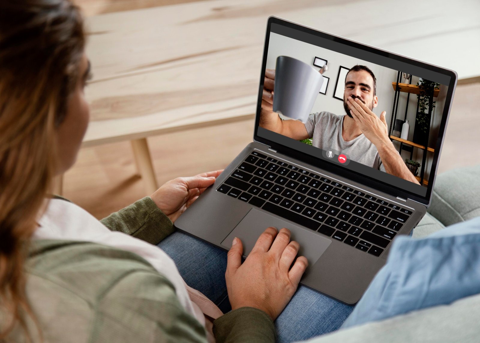 Couple connecting through online chat and video call