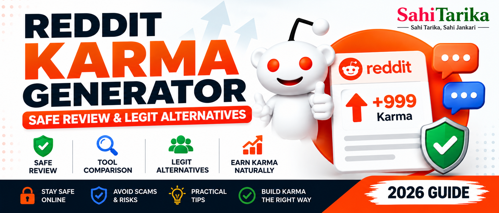 Illustration showing a Reddit Karma Generator guide with safe review, legitimate alternatives, and tips for earning Reddit karma naturally.